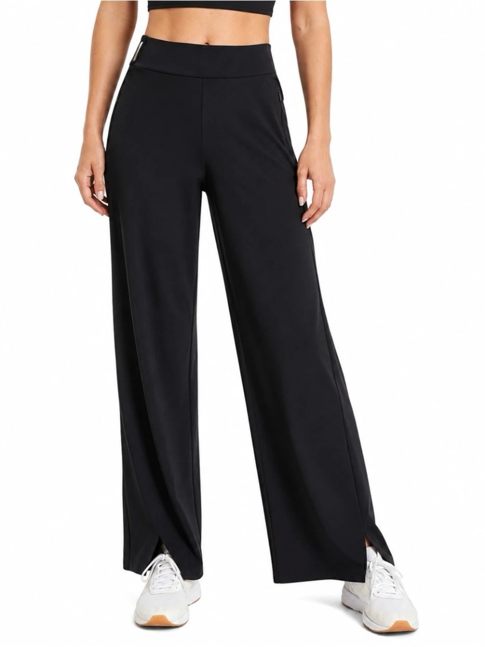 Athleta Cosmic Pants Womens 14 Black Wide Leg Stretch Travel Slit Hem Pockets